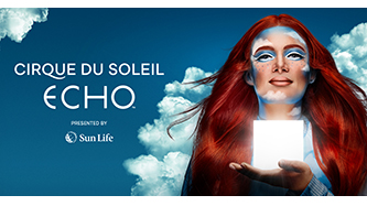 A person with vibrant red hair and blue makeup, holding a glowing cube. The background has a bright blue sky with clouds, logo for Cirque Du Soliel Echo